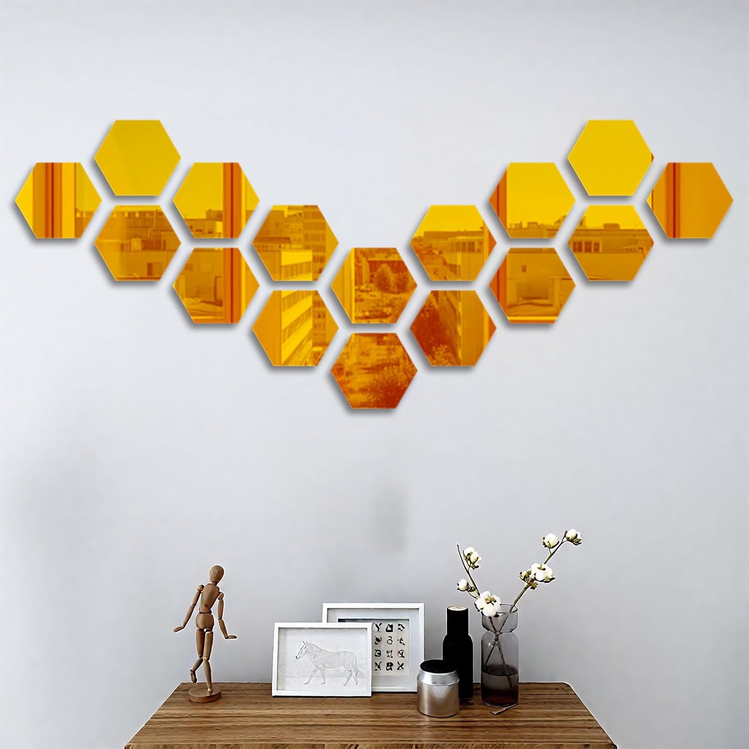 16-Piece (6.3 inches * 7.09 inches) Hexagonal Removable Acrylic Mirror Wall Stickers, DIY Art Decoration Decals, Suitable for Home, Bedroom, Living Room and Other Places(Glod)