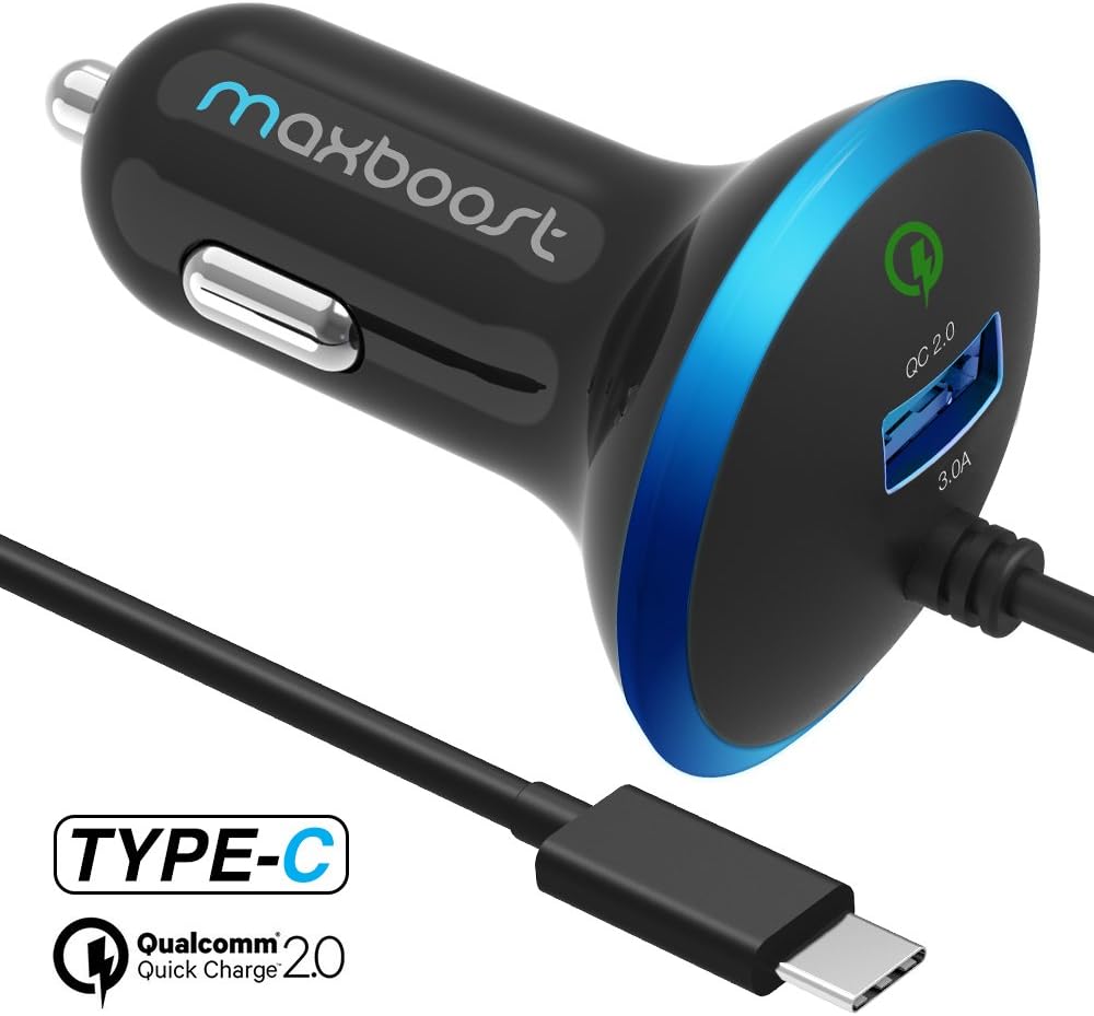 Maxboost USB Car Charger 33W with Quick Charge 2.0 Port + Build-in USB Type C Cable Compatible with iPhone XR XS Max X 8 7 6s 6, Galaxy S10 S10+ S10e 5G S9 / Plus, Note 9 and More (M-AL-TC-01)