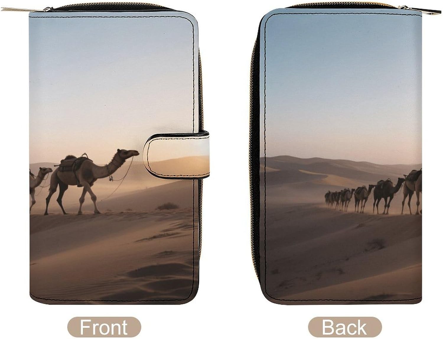 Camel Caravan in The Desert at Dawn Wallet,PU Leather Material, Small Wallet,Bifold with Zipper, Travel Wallet,Compact And Portable for Men And Women 7.8 * 4.3 * 1.4 Inches