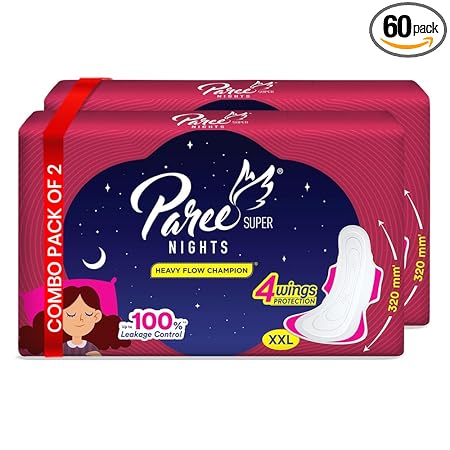 Paree Super Nights Heavy Flow Pads, XXL 60 Period Pads (Combo Pack), Leakage Protection All Night with 64% Extra Coverage Sanitary Pads for Women