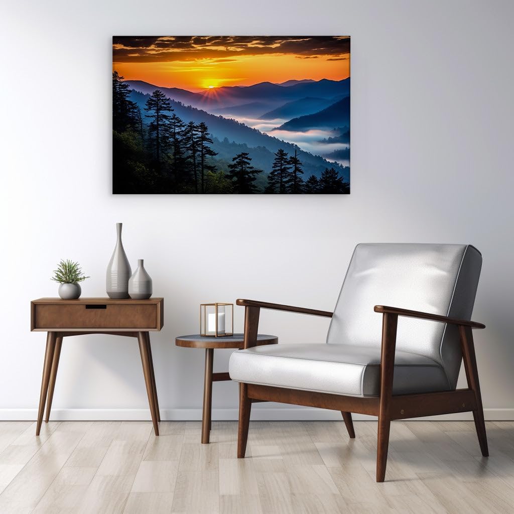 Canvas for Living room. Dawn's Embrace: A Symphony of Colors in the Great Smoky Mountains Sunrise, 27 x 18 inch Canvas Wall Art - Contemporary Masterpieces - Modern Home Decor - 69x46 cm (27x18 inch)