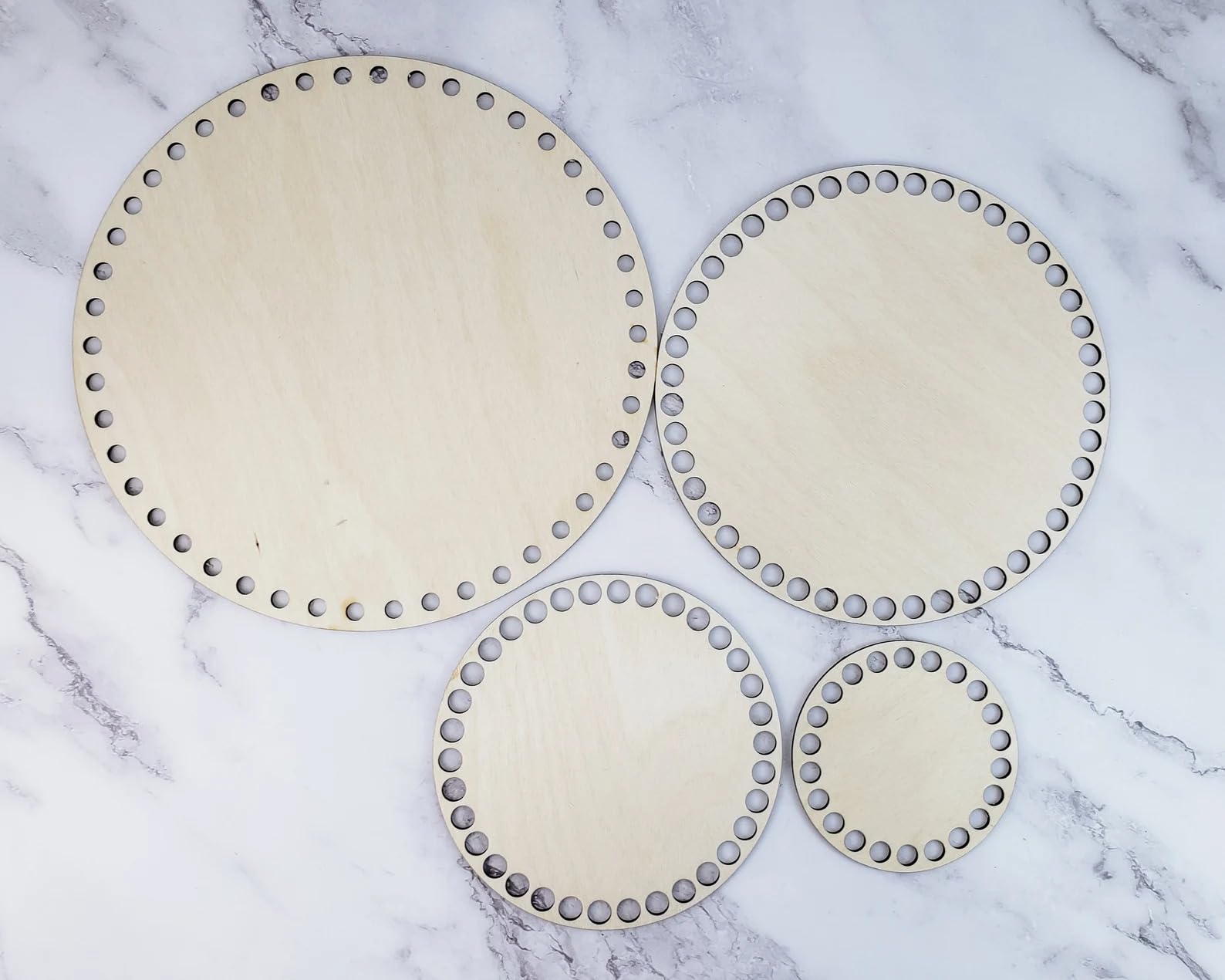 Curious Button Wooden Round Crochet Base Board with Holes | Sizes: 10,8,6,4 in 2.7mm Thick | DIY Basket, Knitting, Macrame & Craft Board for Crochet Projects, Handmade Gifts & Home Décor Set of 4 2