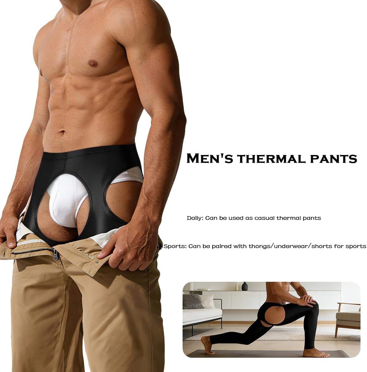 ZONBAILON Sexy Shiny Men's Crotchless Leggings for Rave Party Compression Pants Mens Sheer Base Layer Bottoms Tights