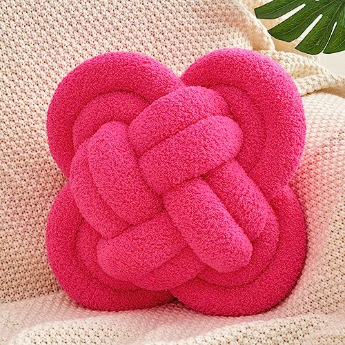 Xiashrk Knot Pillow, 12" Soft Decorative Throw Pillows for Couch Bed, Gray Pink Knotted Plush Throw Pillow Handmade Square Cushion Home Decor Pillows (Rose Red, 12 Inches X12 Inches)