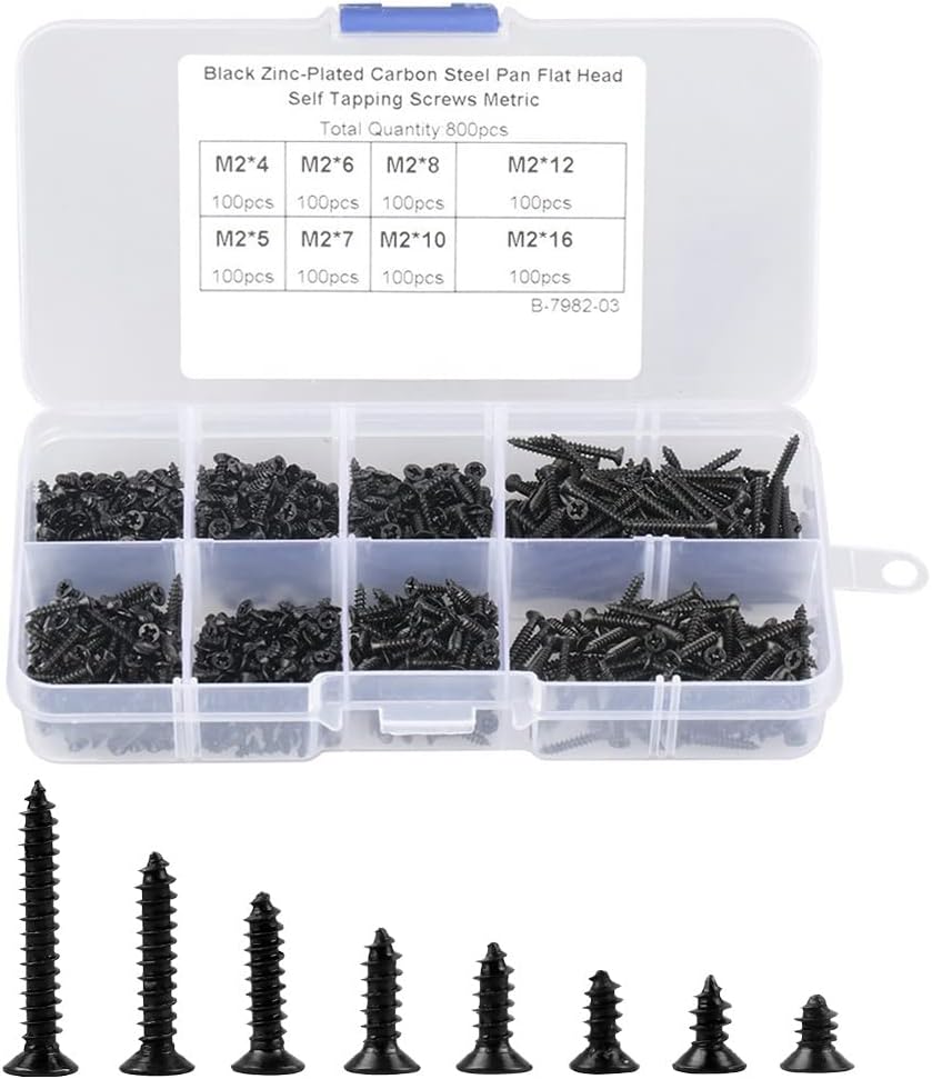 800 Piece M2 Tornillos Autorroscantes Avellanados de Acero al Carbono, Cabeza de Cruz Plana, Tornillos de Máquina, Herramientas de Reparación de Sujetadores Juego de Tornillos