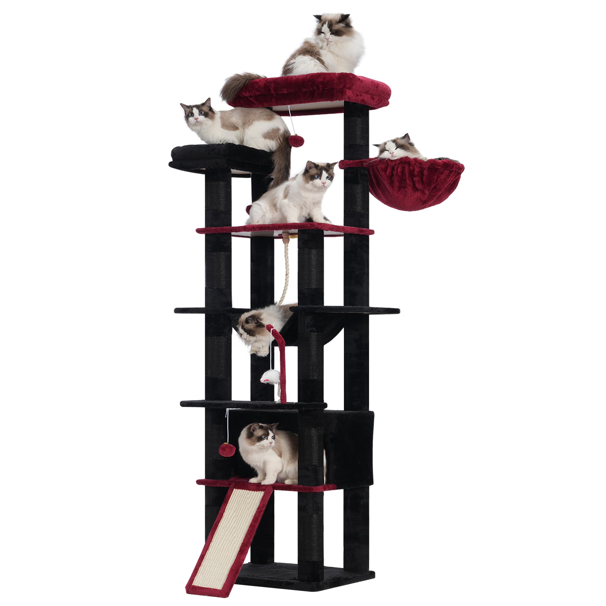 Heybly Tall Cat Tree,78 inch Multi-Level Cat Tower for Indoor Cats,2 Widened Plush Perches Cat Condo with Scratching Board and Big Caves,Black and Red HCT033BR