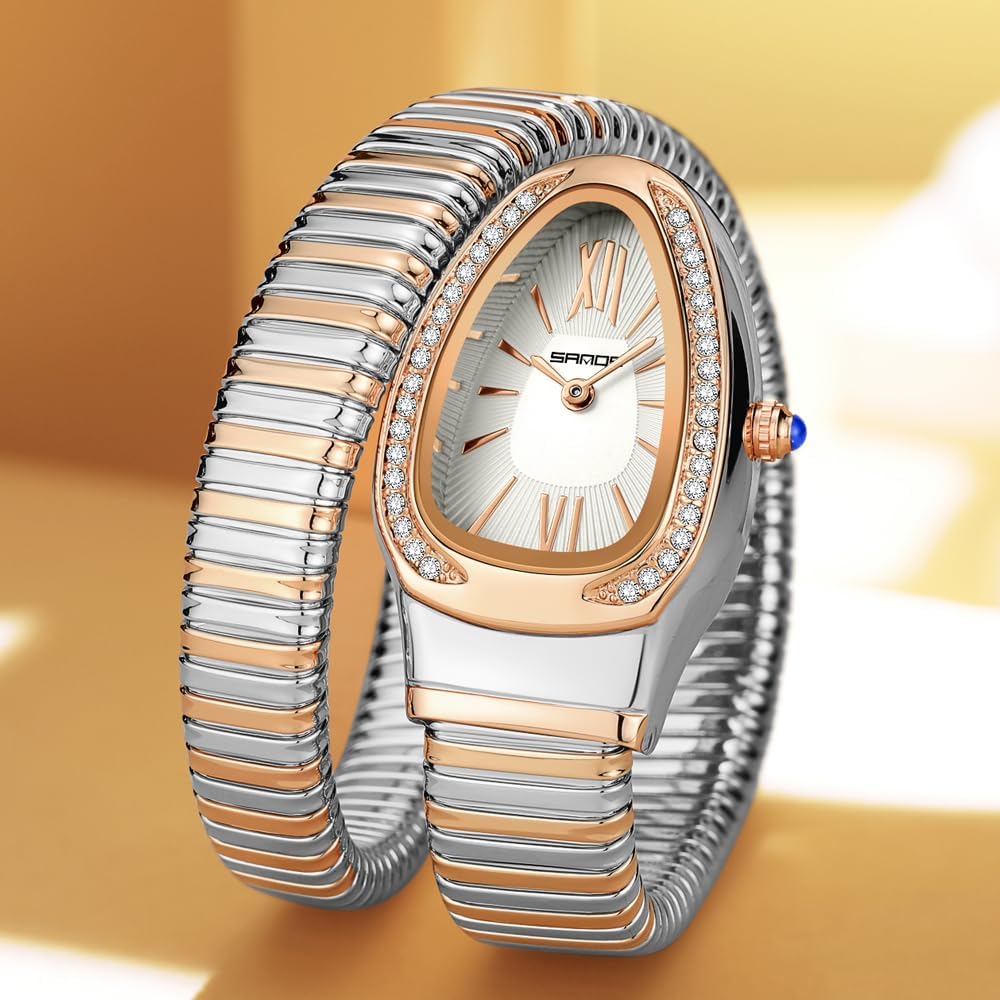 Gosasa Stylish Women's Snake Shape Bangle Watch Unique Design Snake Coil Elegant Dress Diamond Bracelet Ladies Quartz Wristwatch with Roman Numerals Dial