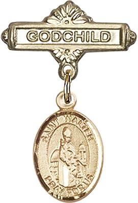 14kt Yellow Gold Baby Badge with St. Walter of Pontnoise Charm and Godchild Badge Pin 1 X 5/8 inches