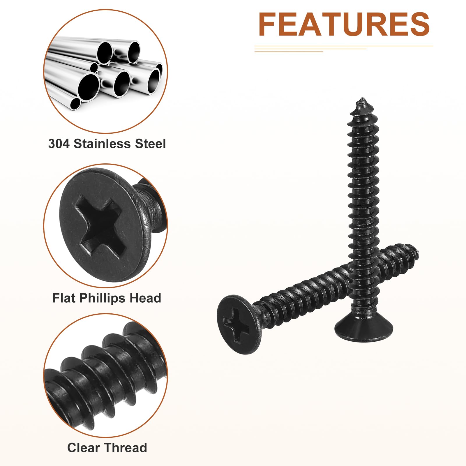 DTGN 50Pcs #10x1-1/2" Flat Head Wood Screws, 304 Stainless Steel Phillips Self Tapping Screws - Good for Woodworking Furniture - Black - Image 4