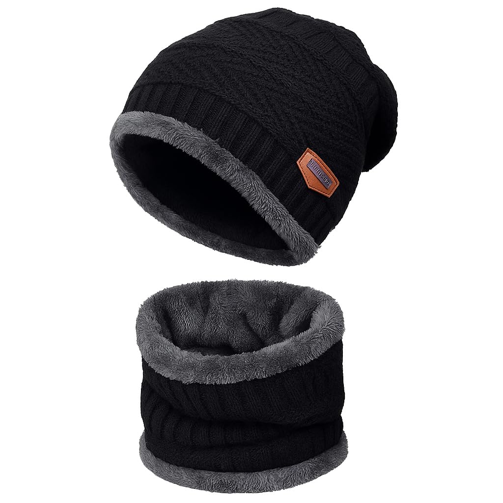 Thermal Beanie Cap & Velvet Neck Warmer Set for Men & Women | Ultra Soft Fleece Lining | Winter Woolen Hat & Scarf Combo | Warm & Comfortable | Free Size (Black)-image-14