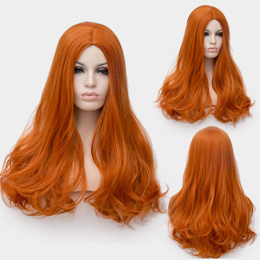 BERON Orange Wig Women Long Wavy Wig Orange Cosplay Costume Wig Center Parted Full Synthetic Wigs Wig Cap Included (Orange)