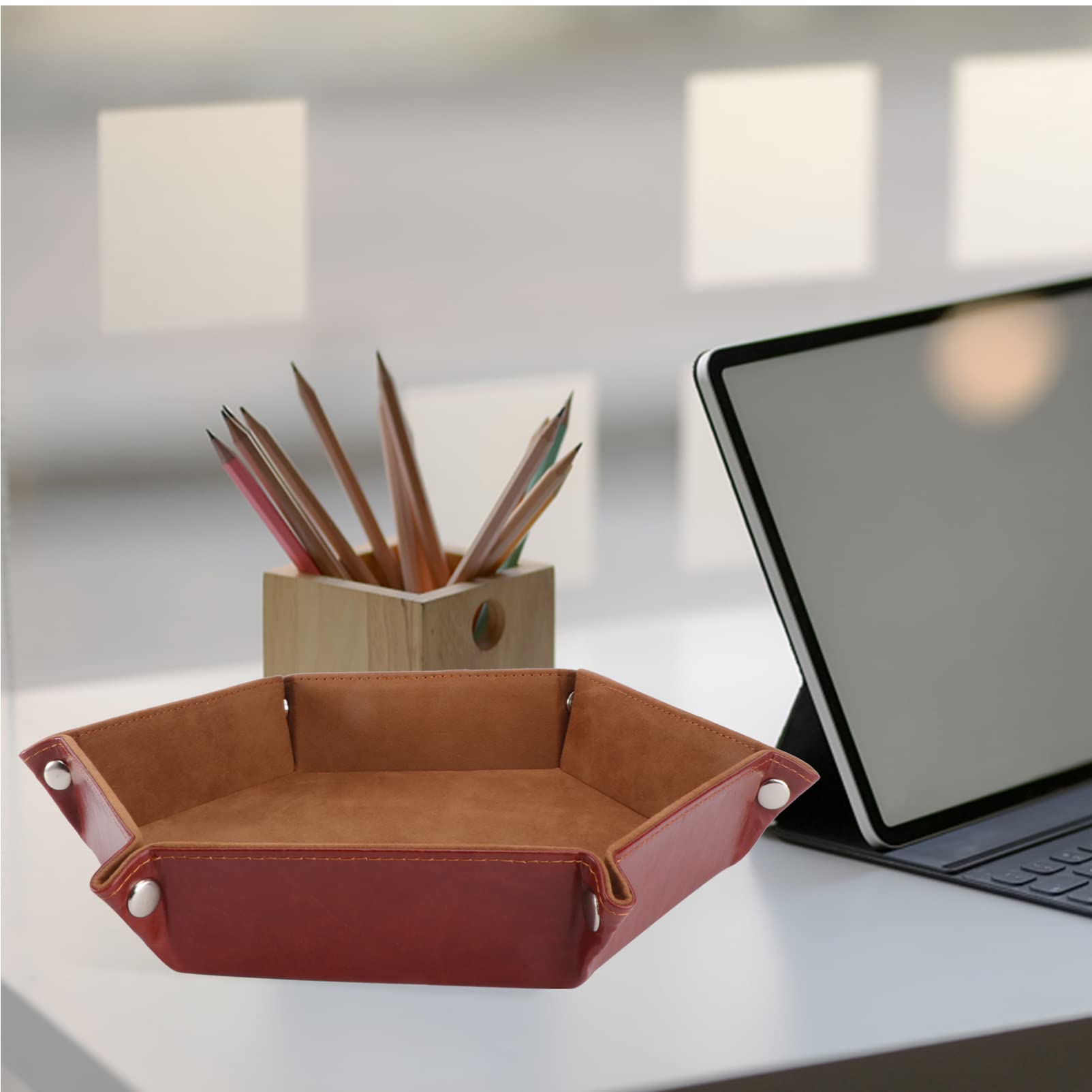 LICHENGTAI Dobbellade vouwen zeshoek opvouwbare pu lederen dobbelstenen dienbladen fluwelen doek desktop sleutel portemonnee opbergdoos lade, reizen sieraden portemonnee telefoon bureau organizer lade opberglade, geel