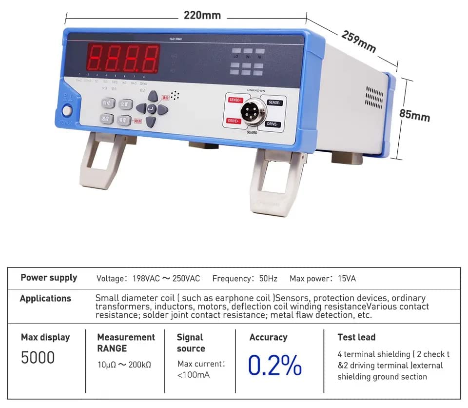 Micro Ohm Meter DC Low Resistance Tester Low Ohm Meter Tester DC Low Resistance Testing Instrument with Measurement Range10μΩ to 200kΩ Accuracy 0.2% 0.8 inch LED Display