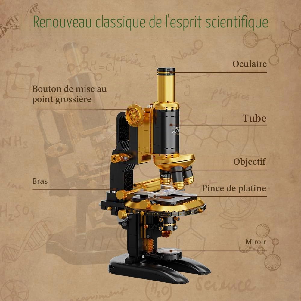 PANTASY Kit de construction de microscope rétro pour adultes, modèle d'instrument scientifique antique avec design mécanique, finition en laiton et accessoires de laboratoire, ensemble de briques de