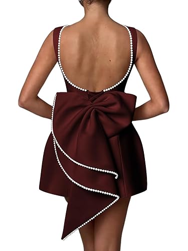 Aosadin Mini Pearl Cocktail Dress with Bow Satin Evening Dress Backless Bodycon Formal Party Gowns ADN002 - Light_burgundy - 0