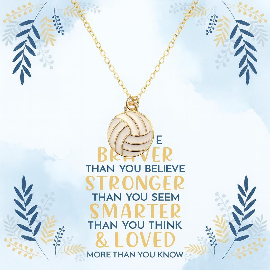 Sportybella Volleyball Necklace with Inspirational Message Card – Gold Pendant Jewelry Gift for Players, Teams & End of Season or Graduation, 17 Inch Chain with 2 Inch Extension, Plated Stainless