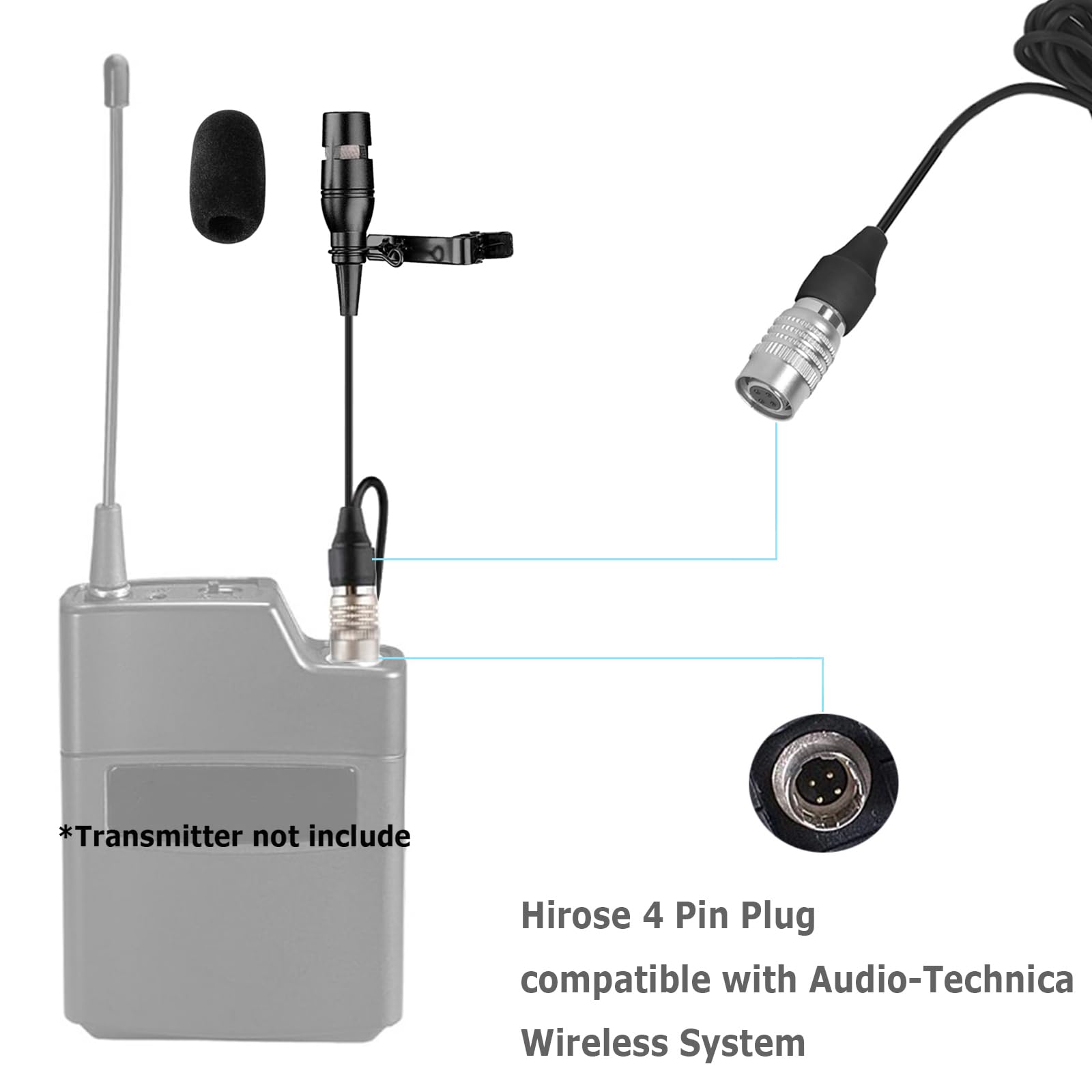 Micrófono de solapa negro compatible con Audio-Technica | Micrófono de condensador unidireccional súper cardioide para sistema de transmisor inalámbrico con enchufe Hirose de 4 pines