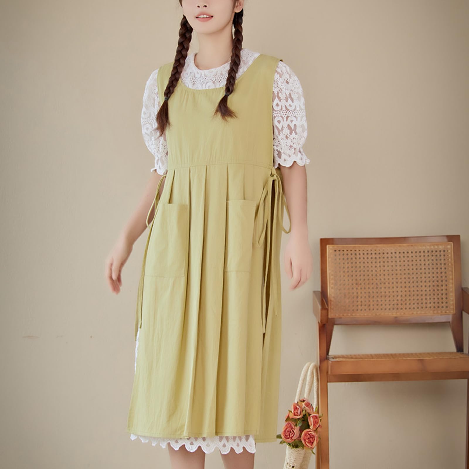 Tabliers de Cuisine en Coton pour Femme, avec Poches, idéal pour la Peinture et Le Jardinage, Taille Unique, Bleu (Vert, Taille Unique)