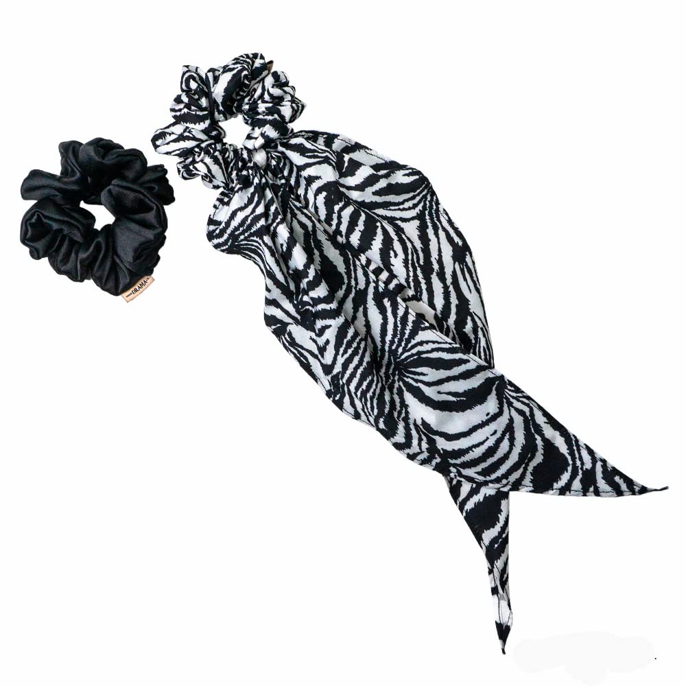 Hair Drama Co. Satin Scrunchies for Women Pack of 2, Black & White | Large Scrunchies for Girls | Aesthetic Hair Scrunchies for Ponytail, Messy Bun | Silk Satin Scrunchies | Elastic Hair Ties