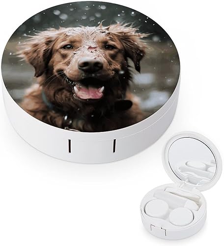 Estuche para lentes de contacto, diseño de perro feliz en la lluvia, caja de contacto con solución de espejo, aplicador de botellas, kit de