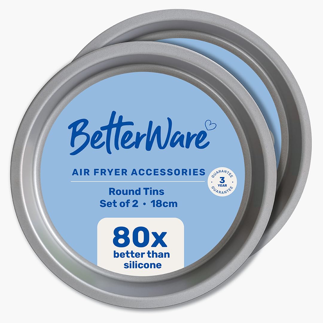 BetterWare Air Fryer Accessories Set of 2 x 18cm Round Tins | Non-Stick Low Carbon Steel | Dishwasher & Freezer Safe | Compatible with Most Air Fryers | Ideal for Cooking, Roasting & Baking
