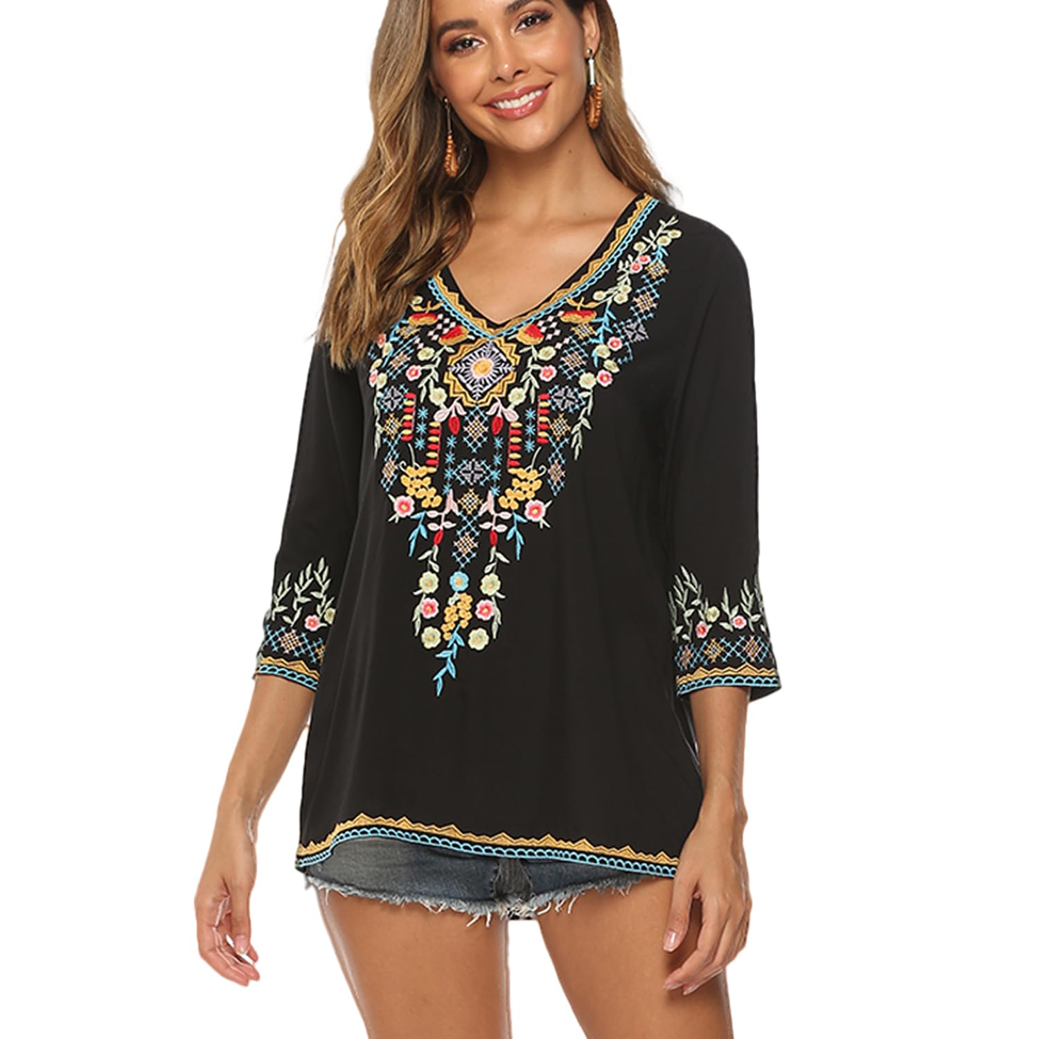 Bluse Stickerei Damen Boho Oberteile Tunika Folklore Hippie Blusen Bohemian Kleidung