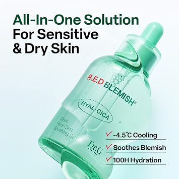 Dr. G R.E.D. Blemish Clear Hyal-Cica Soothing Serum - Korean Skincare - Long-Lasting, Hydrating Serum for All Skin Types - Cools Skin Temperature - Hyaluronic Acid & Centella Asiatica - 1.69 fl oz