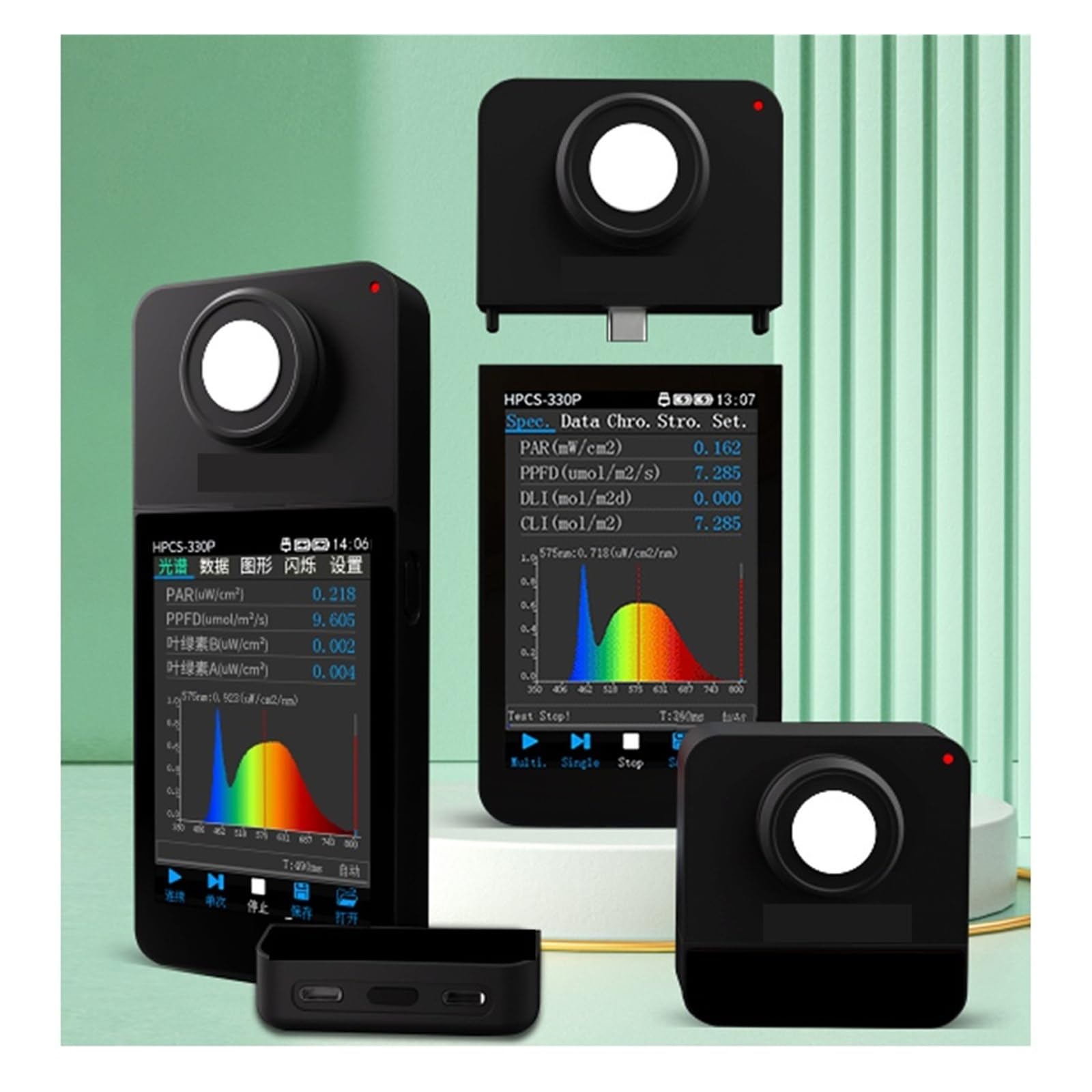 HPCS-330P Tragbares drahtloses Lichtspektrometer mit Wellenlängenbereich 350–800 nm PPFD PAR-Meter mit Flimmertest