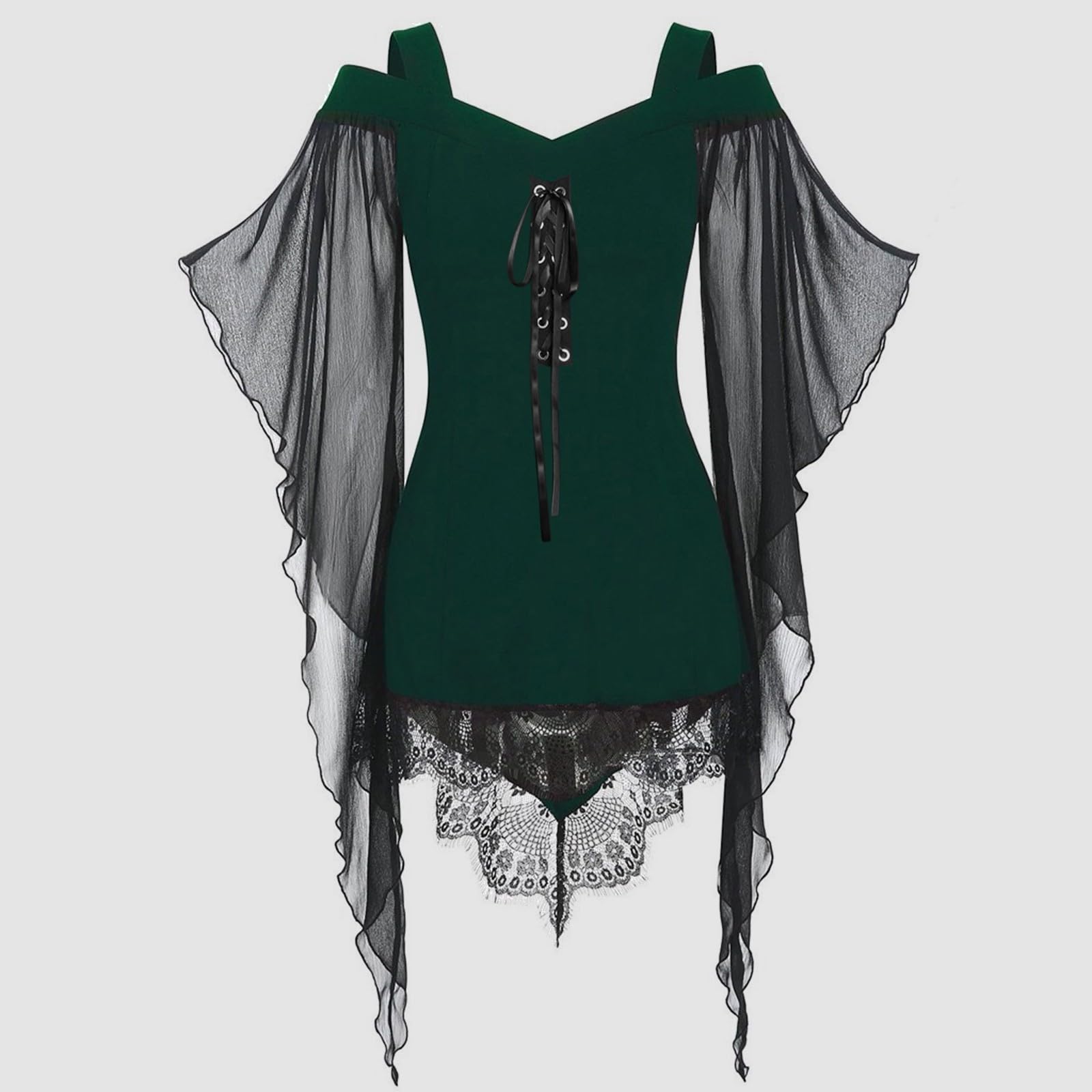 Costume per Halloween, carnevale, feste a tema, cosplay, abbigliamento in pizzo, da donna, maniche corte, gotico, con cuciture in pizzo, senza spalline, cuciture in pizzo irregolari