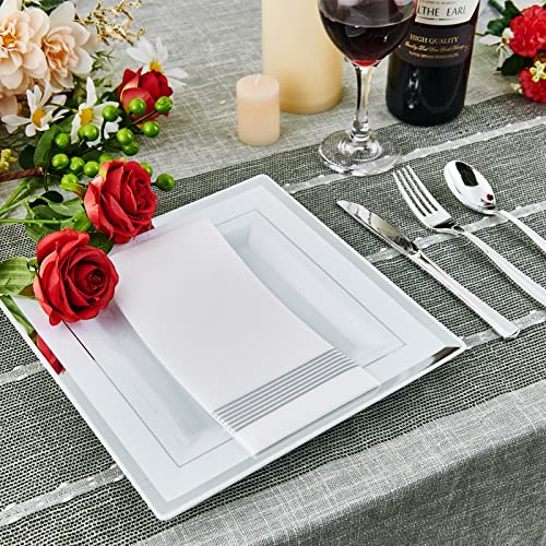 Vplus 90 Piece Silver Plastic Plates, 9.5 Inch Disposable Square White Plate With Silver Rim Heavy Duty Plastic Party Plates, Elegant Durable Dinner Plates Ideal For Weddings& Parties #TOP5