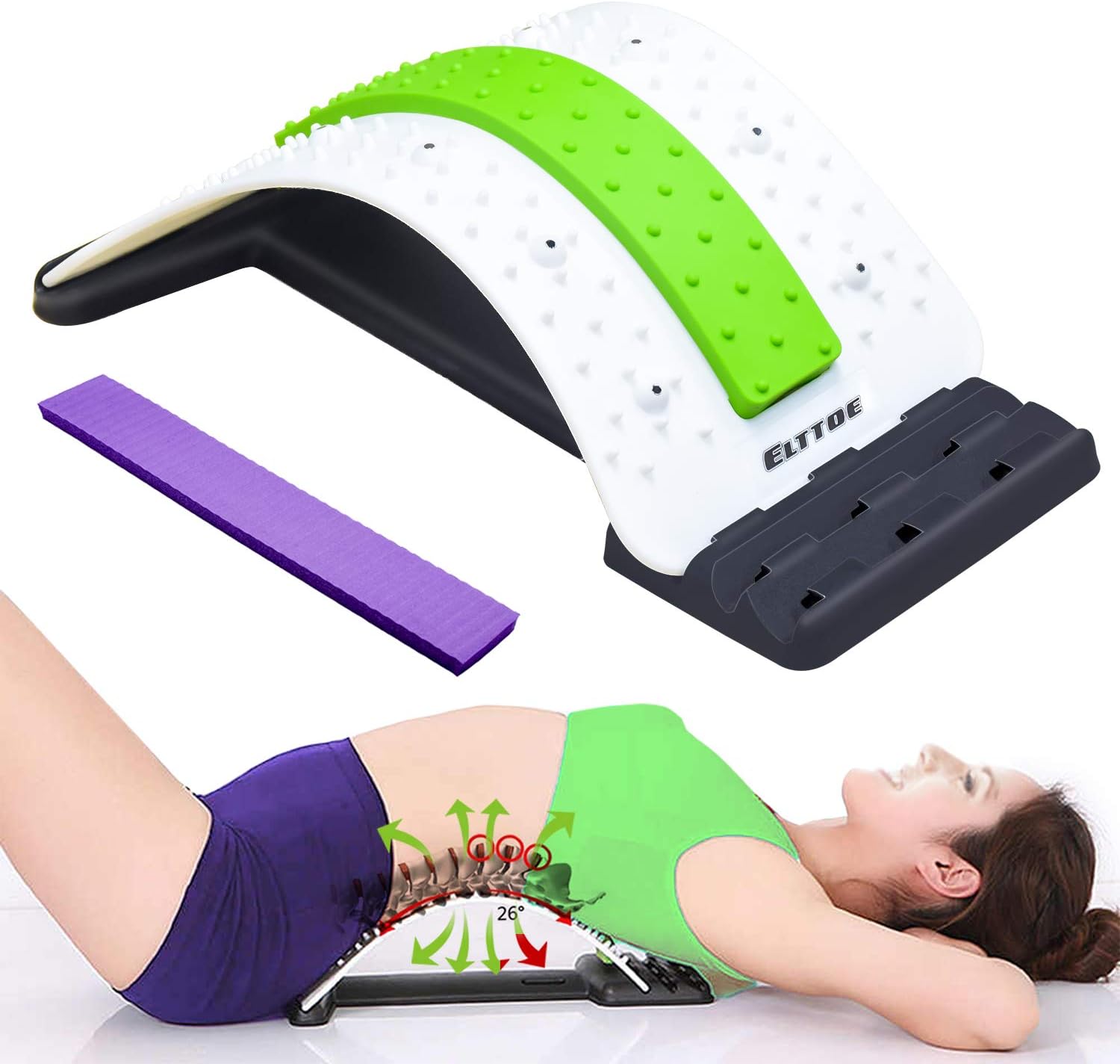 ELLTOE Back Stretcher for Pain Relief, Lower Spine Deck Back Stretcher with Magnetic Point Massage, Adjustable Multi-Level Lumbar Support Devices for Herniated Disc, Sciatica, Scoliosis