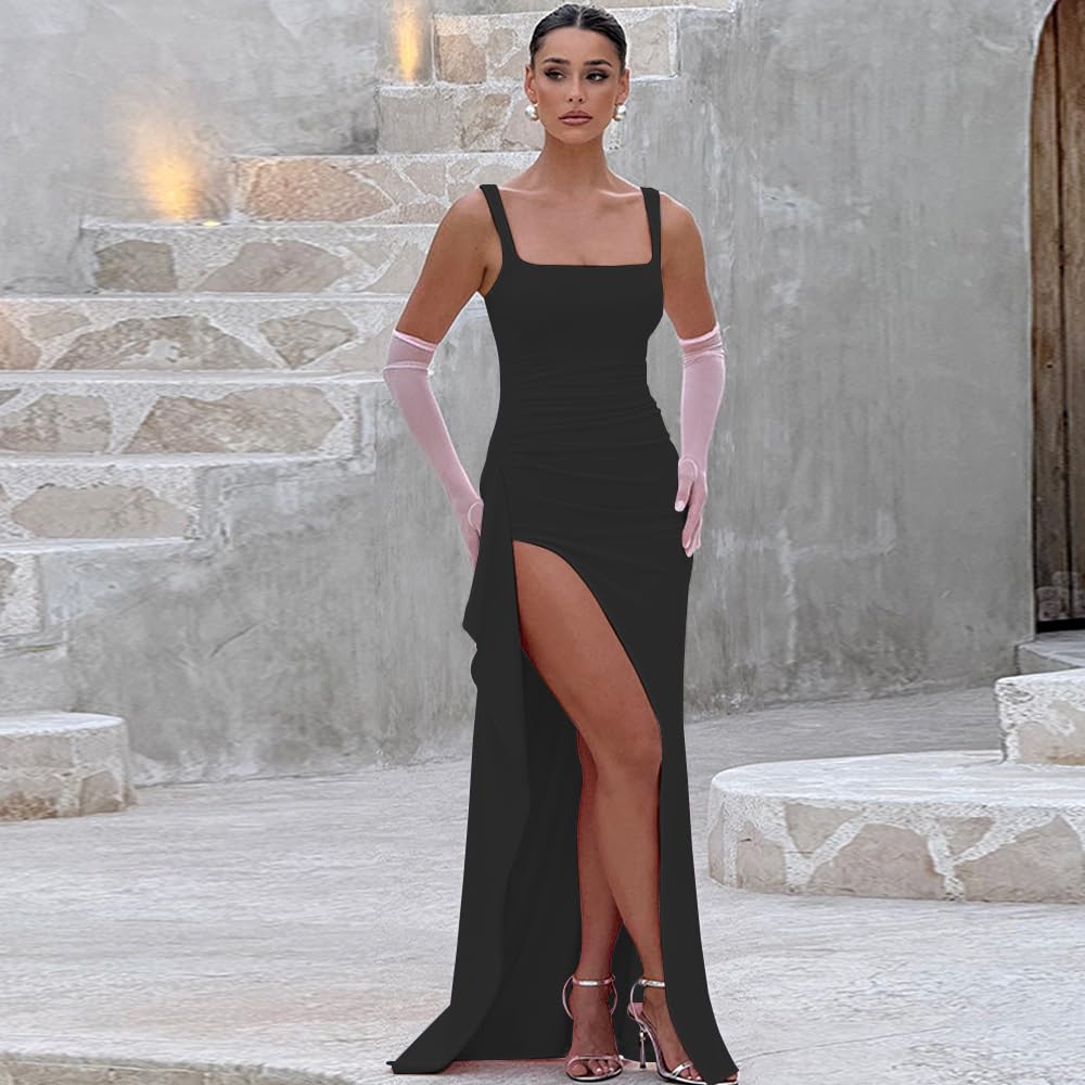 Vestido Mujer Elegante Maxi sin Manga Verano Rajado Alta con Cuello Cuadrado Sexy Largos Vestidos para Cóctel Fiesta Noche
