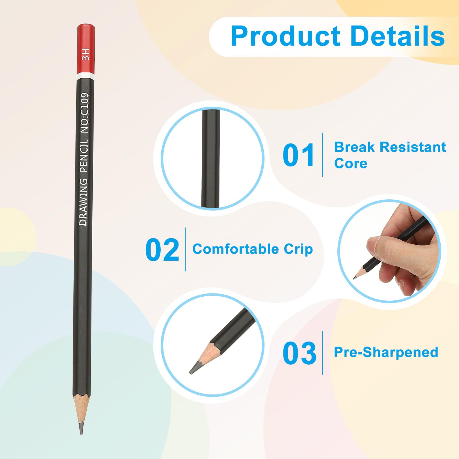 PATIKIL 3H Drawing Pencils for Sketching 12PCS Sketch Pencils for Drawing Art Pencils Graphite Wood Pre-sharpened for Drawing Sketching Artists 3H Pencils Black Red Rod - Image 4