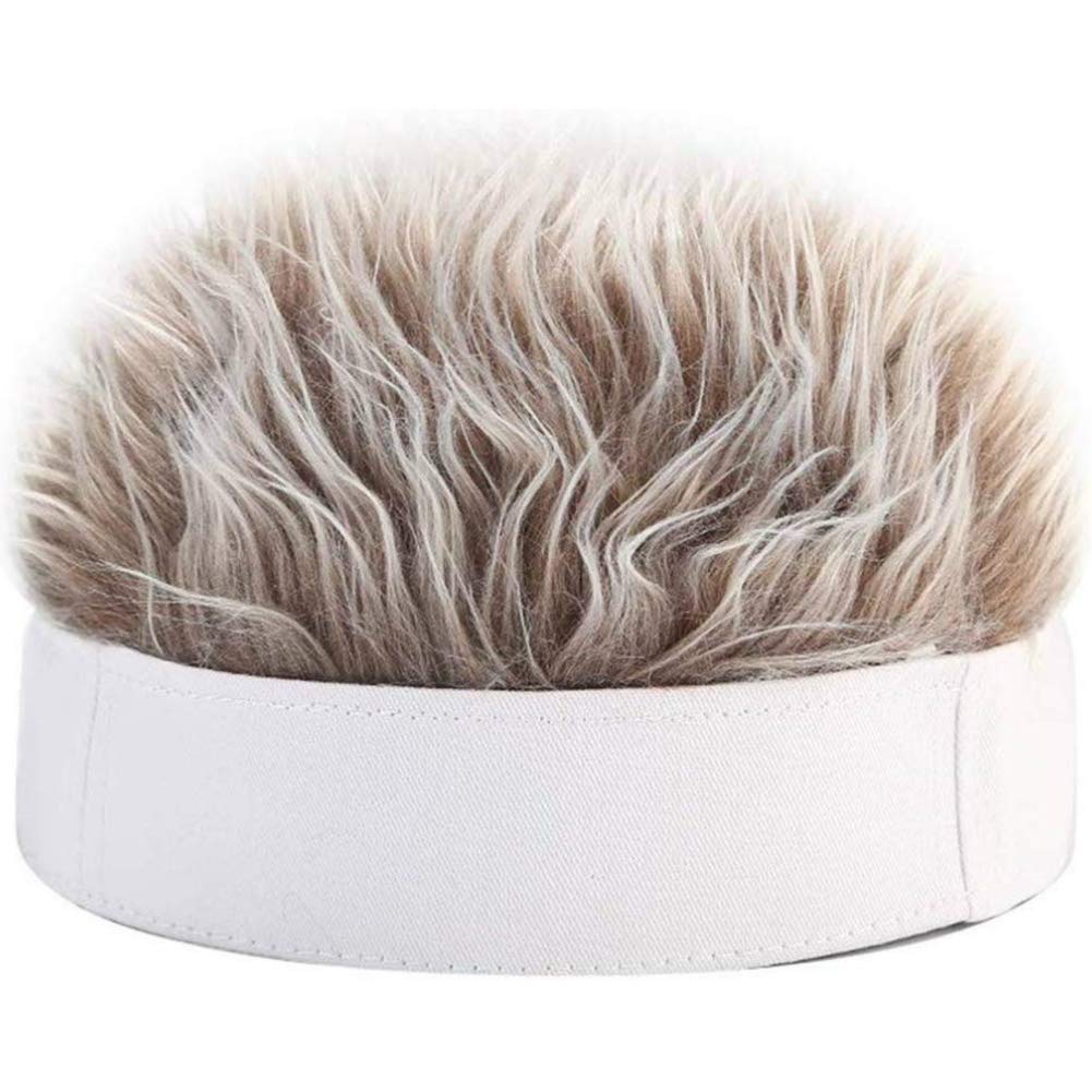 Hozora Unisex White+Coffee Funny Short Wig Cap, Men Women Novelty Hip Hop Beanie Hat With Spiked Fake Hair Retro Short Melon Wig Skull Landlord Cap Adjustable Streetwear (White+Coffee)