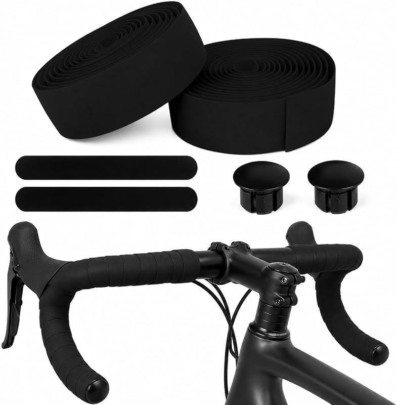 PSLER Bike Handlebar Tape - EVA Bike Grip Tape for Road Bike 2 Rolls Black | Premium shockproof EVA foam handlebar tape. Anti-slip, sweat-absorbent & easy to wrap. Includes 2 end plugs & adhesive tape