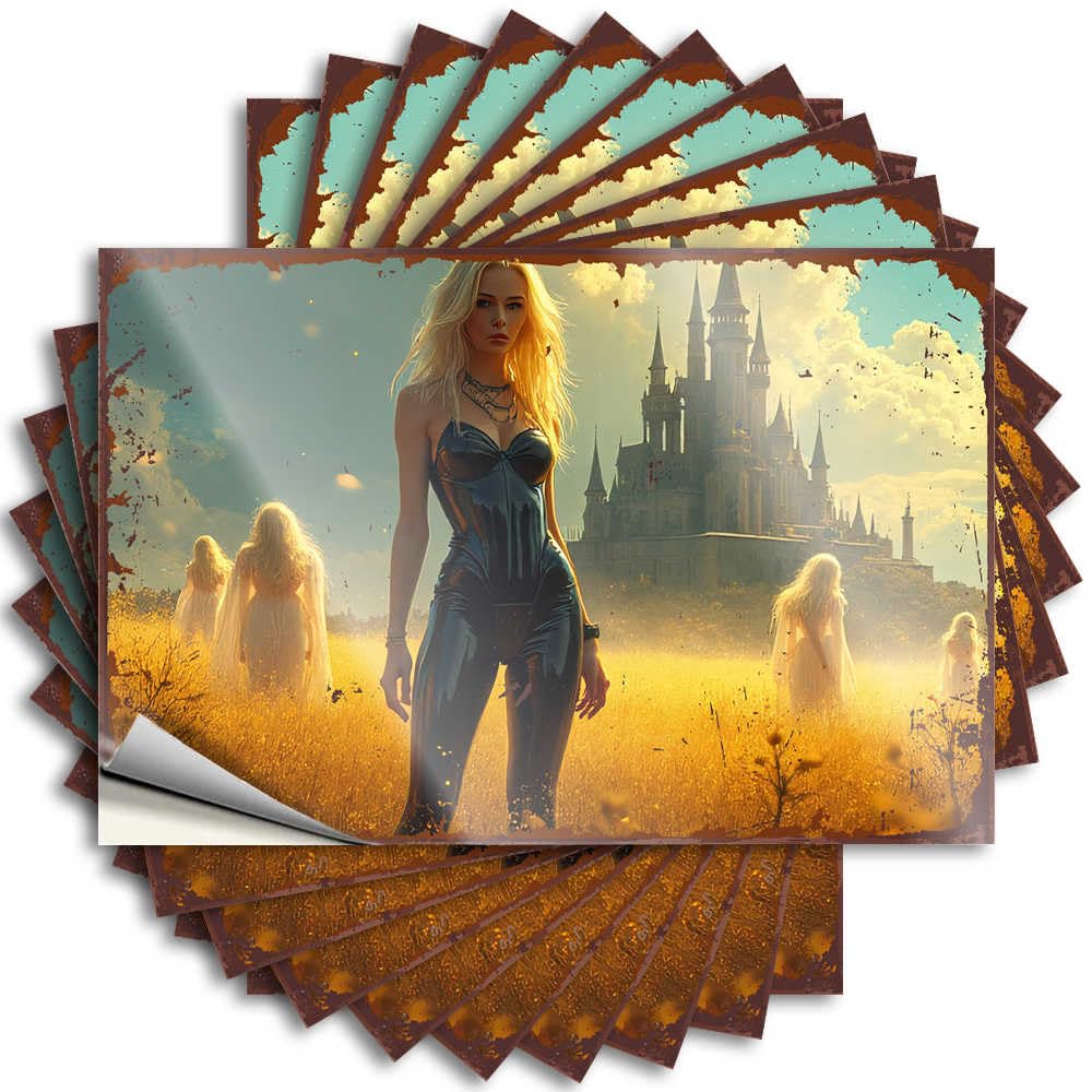Fzfn Colour Golden Fields: A Fantasy Castle Portrait With Ghostly Figures Lettering Sticker At Home Decor | Girly Door Removable Decal Pack(8X12cm)