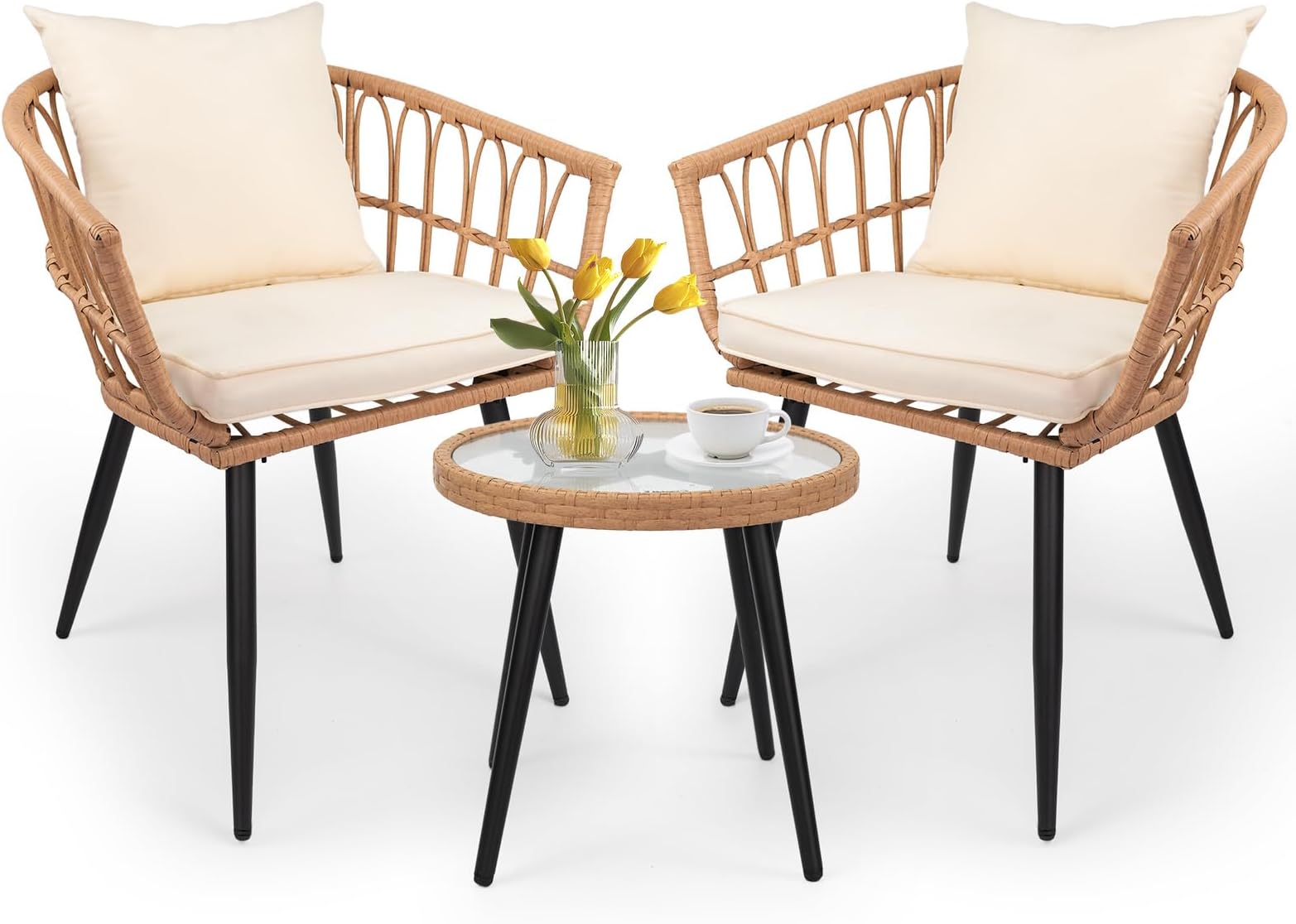 3-Piece Patio Dining Set, Featuring a Round PE Rattan Table and 2 Chairs, Suitable for Bedrooms, Porches and Gardens All-Weather Furniture Set Includes Tempered Glass, Thick Cushions