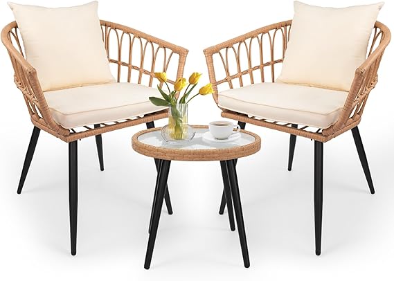 3-Piece Patio Dining Set, Featuring a Round PE Rattan Table and 2 Chairs, Suitable for Bedrooms, Porches and Gardens All-Weather Furniture Set Includes Tempered Glass, Thick Cushions