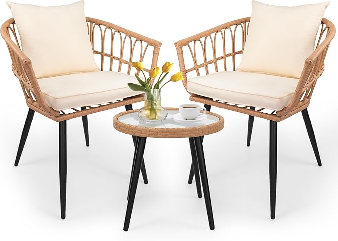 3 Piece Patio Furniture Set, All-Weather Wicker Outdoor Furniture, Steel Frame Balcony Set with Glass Table, Patio Set for Porch Backyard