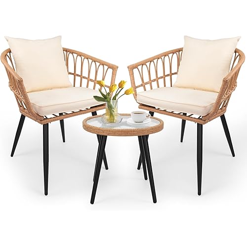 3-Piece Patio Dining Set, Featuring a Round PE Rattan Table and 2 Chairs, Suitable for Bedrooms, Porches and Gardens All-Weather Furniture Set Includes Tempered Glass, Thick Cushions