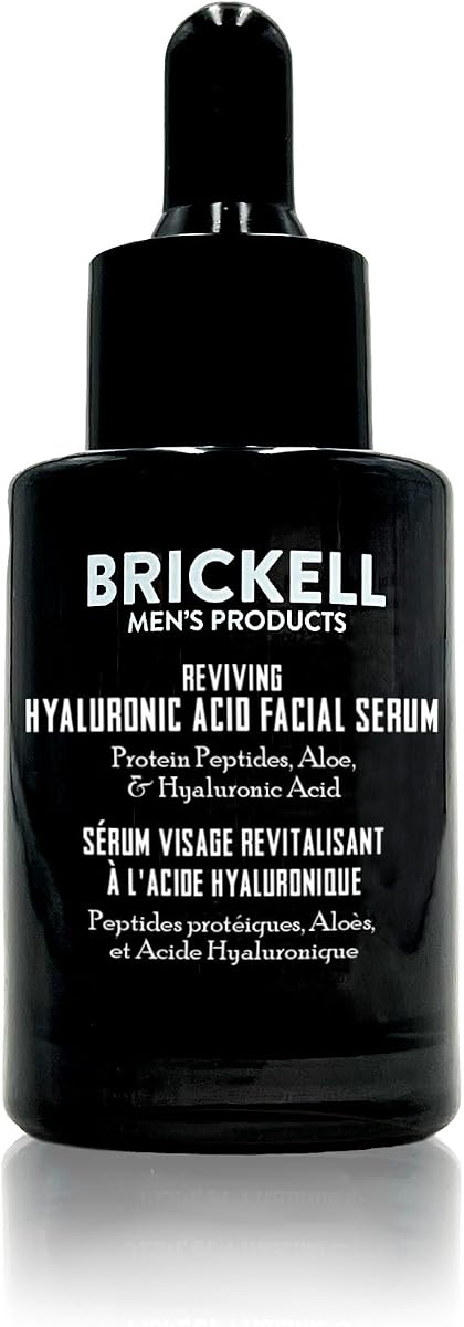 Brickell Men's Suero de ácido hialurónico antienvejecimiento para rostro, suero de día revitalizante para hombres, suero facial con ácido hialurónico, aloe y péptidos, 1 onza, perfumado