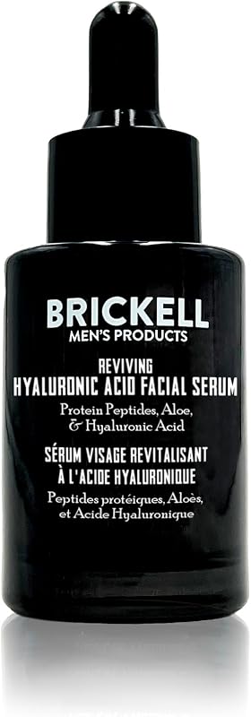 Brickell Men's Suero de ácido hialurónico antienvejecimiento para rostro, suero de día revitalizante para hombres, suero facial con ácido hialurónico, aloe y péptidos, 1 onza, perfumado