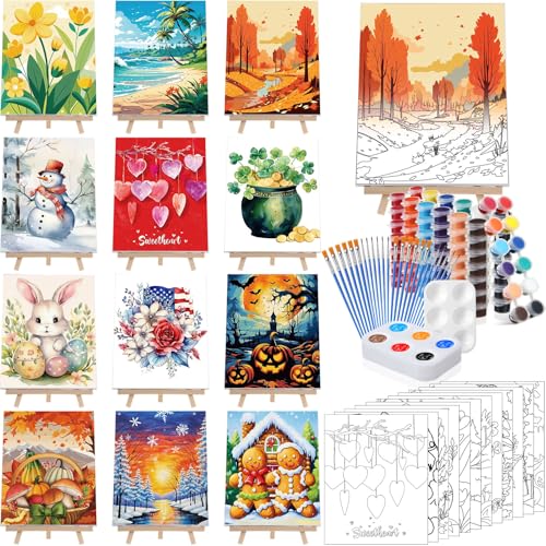 Zhanmai 72 Pcs 12 Sets Sip and Paint Kit Pre Drawn Canvas for Painting 8" x 10" Paint Party Canvas Painting Pre Printed Canvases for Party Favor DIY Virtual Adult's Date Night(Classic Style) by Zhanmai - Used condition - US$12.53