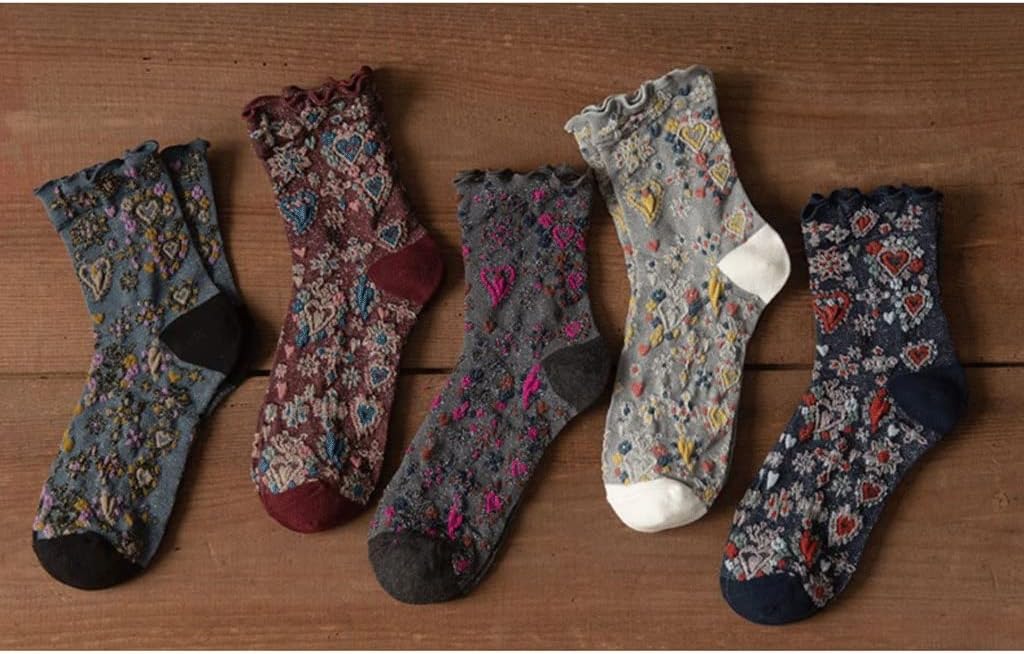 5 Pairs Long Cycling Winter Socks Women Print Cotton Harajuku Flowers
