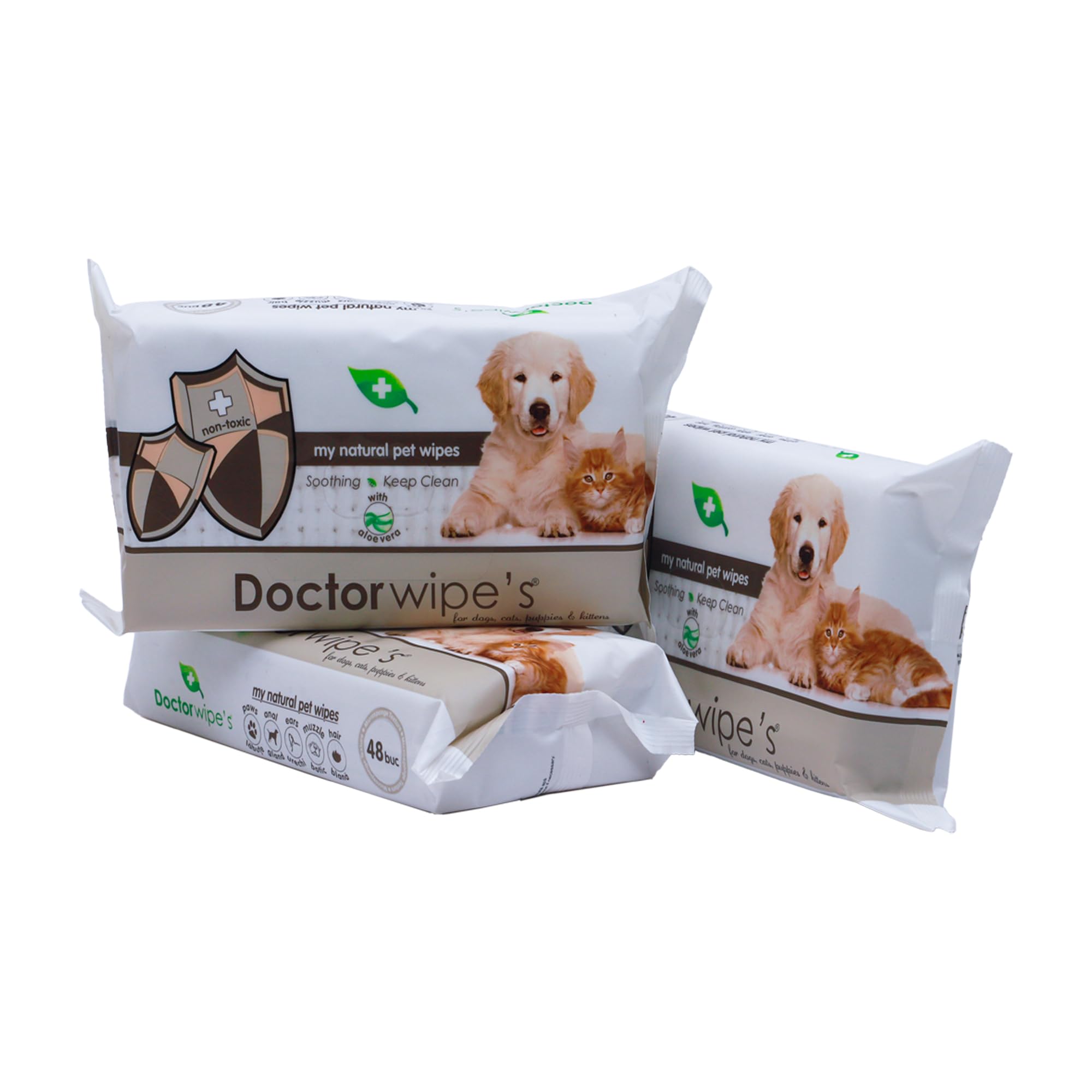 Doctor wipe's Pet Wipes for Dogs, Cats, Puppies and Kittens - 48 pieces with Aloe Vera; Non-Toxic; Soothing; Keep Clean - Pack of 3
