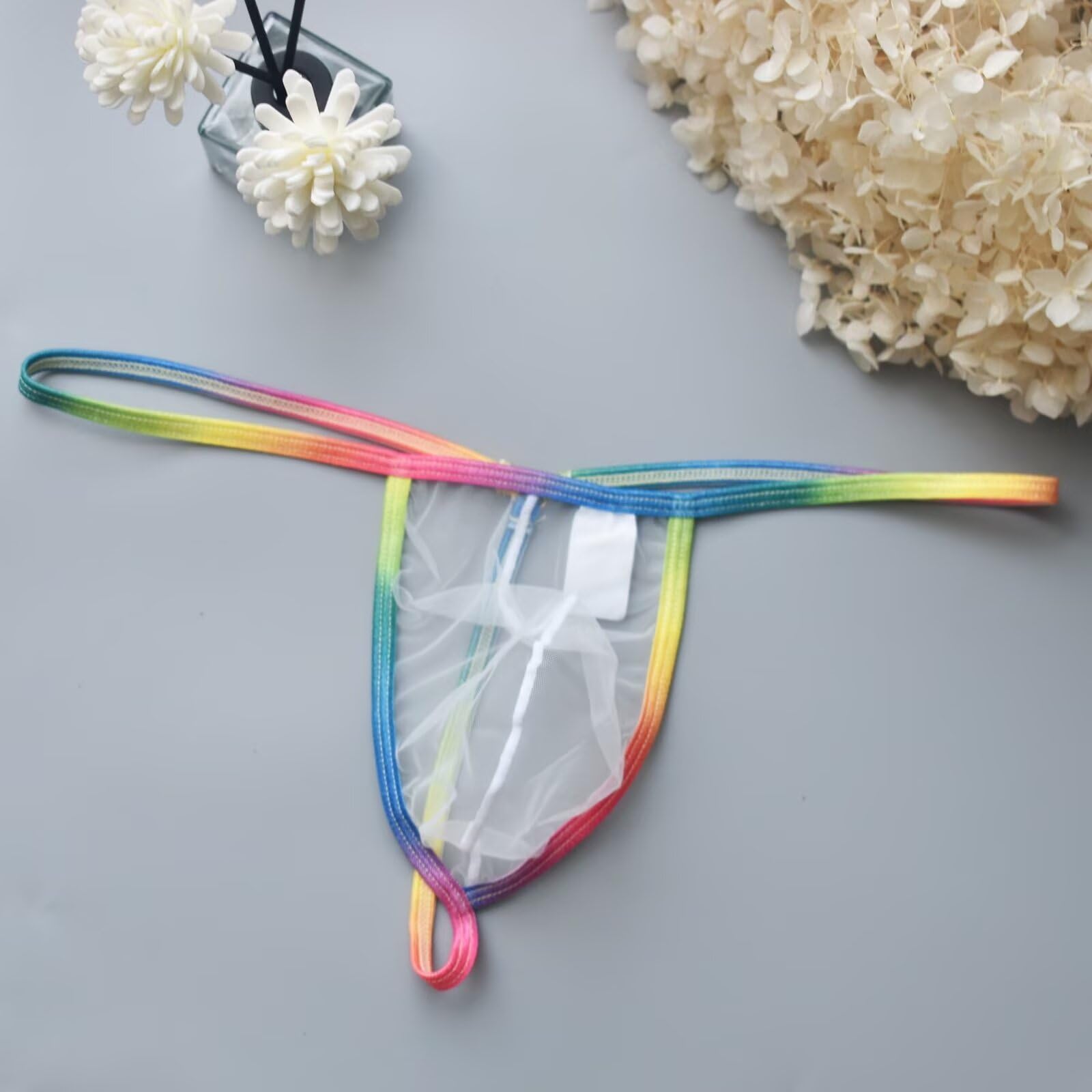 Faringoto Herren-Stringtanga, Unterwäsche, super durchsichtig, Bademode, Bikini, Regenbogen-Rand, Höschen