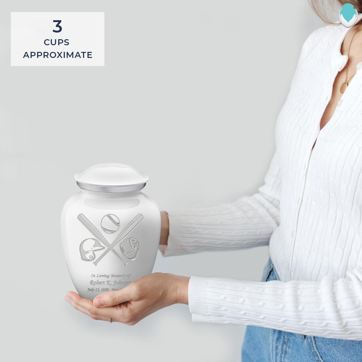 Geturns - Small Personalized Baseball Cremation Urns for Human Ashes I White Funeral Urn for Men and Women I 44 lbs