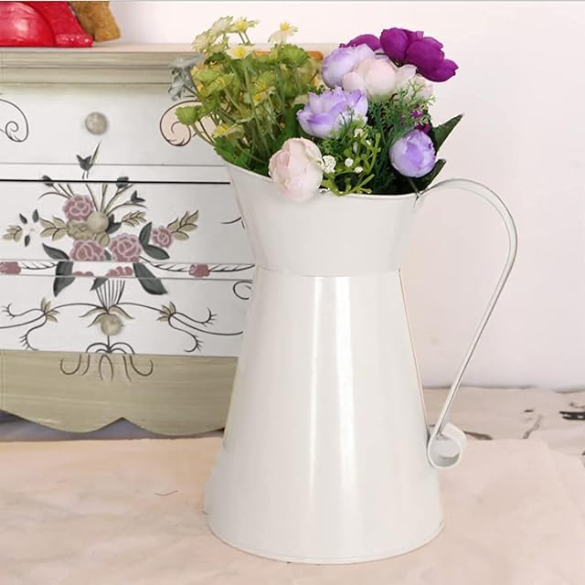 Liseng Vintage Tall Shabby Chic Cream Vase, Rustic French Style Farmhouse Galvanized Metal Pitcher Flower Vase Milk Jug Vase Decor, Photo Props
