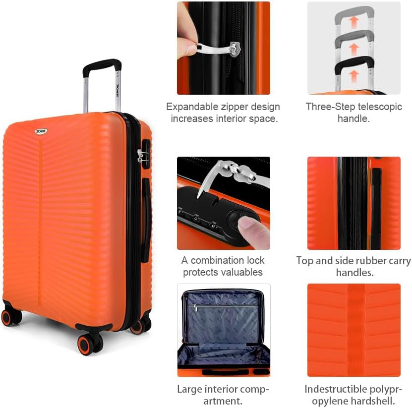 3 Piece Luggage Sets（20/24/28in） Luggage with Password Lock,Large Luggage with Spinner Wheels,Travel Luggage for Men Women,Orange