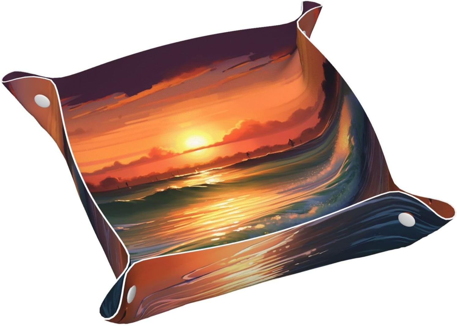 PU Leather Jewelry Valet Tray for Men Women, Elegant Desktop Storage Organizer, Portable Travel Storage Dish Plate Sunset Seaside Nightstand Storage Box for Key Phone Wallet Small
